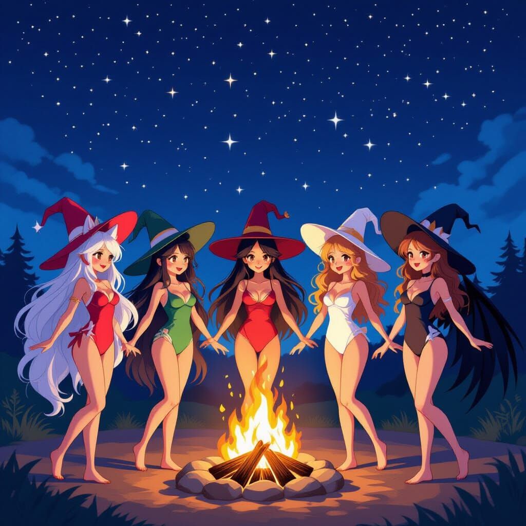 Anime Witches Dancing Around Fire at Night