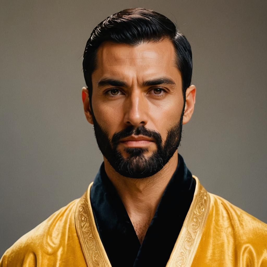 Moody Portrait of Man in Golden Velvet Bathrobe
