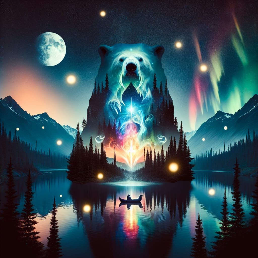 Luminescent Polar Bear Double Exposure: Alaskan Sunset