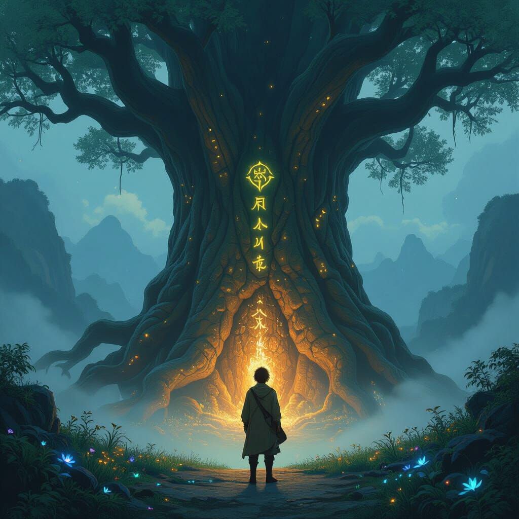 Ancient Tree and Traveler in Misty Valley