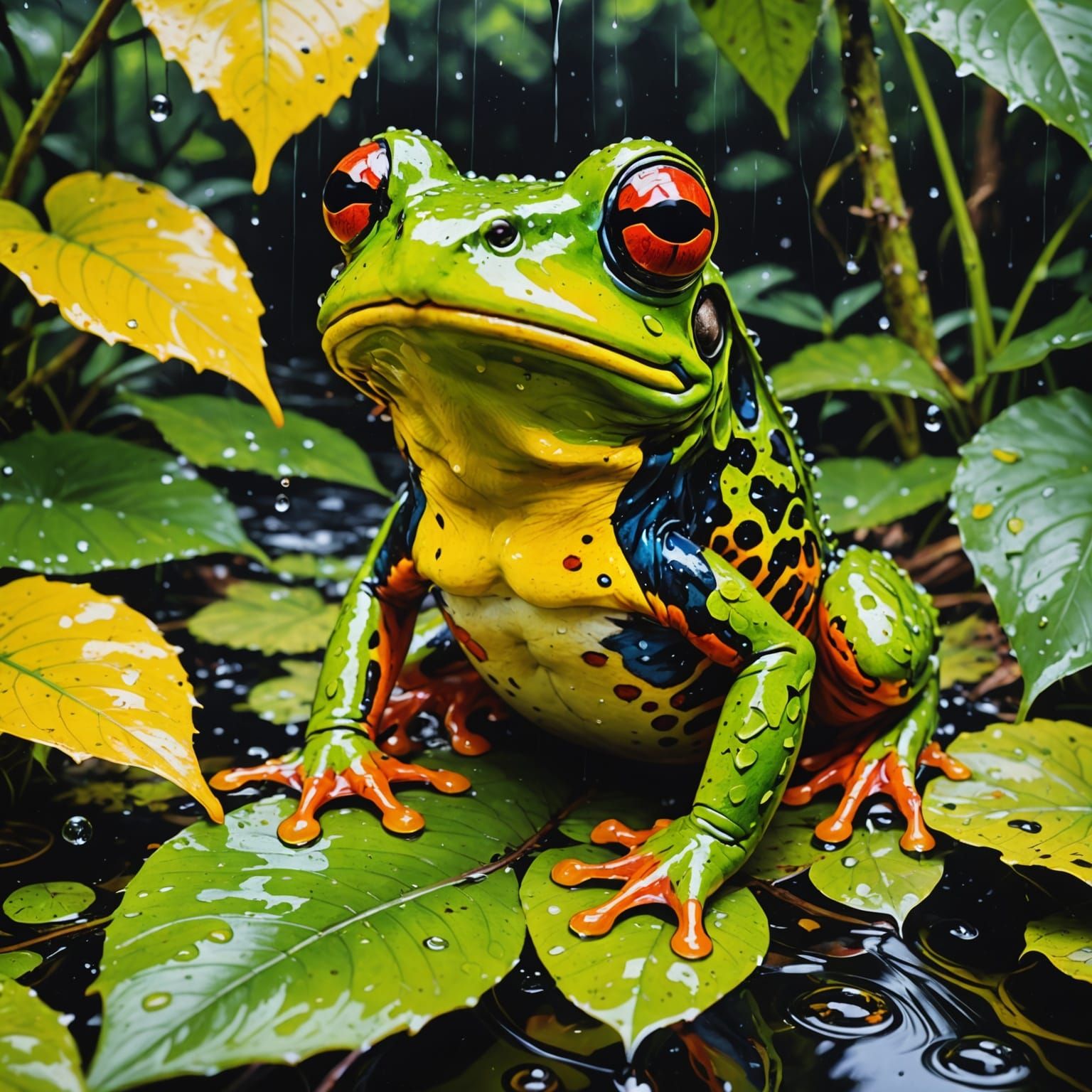 Vibrant Amazon Frog Catches Fly in Colorful Splash Art Style