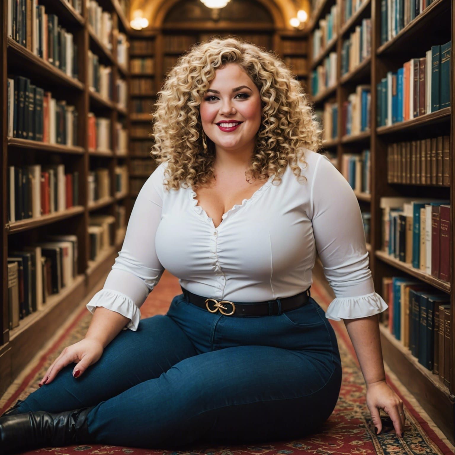 Curvy Woman Reading in Elaborate Library