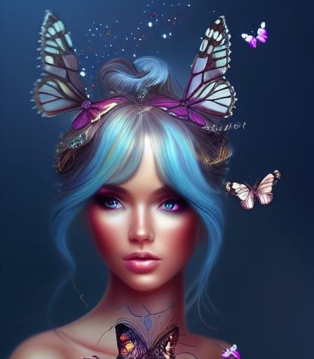 Enchanting Woman with Bird and Butterflies, Digital Art