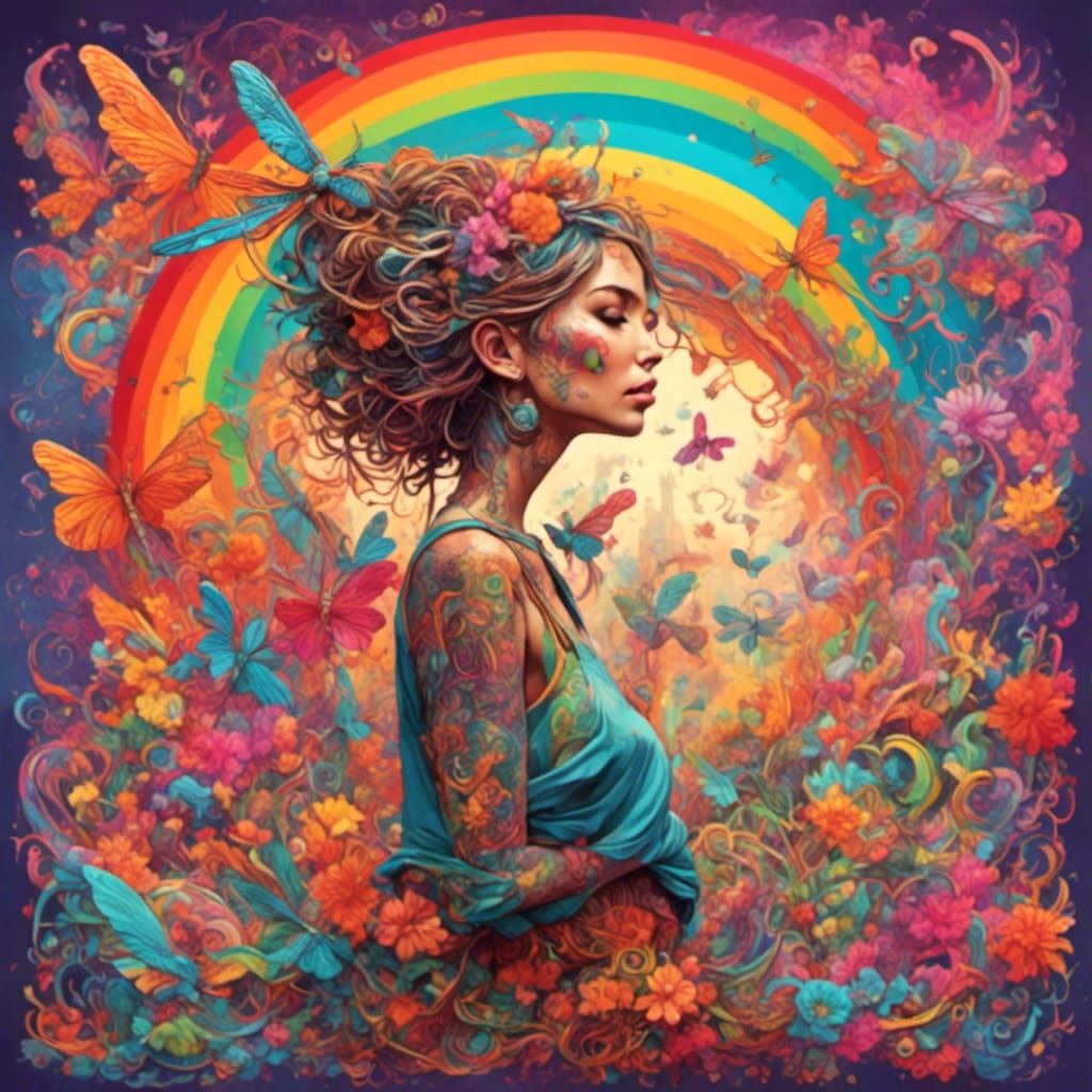 Psychedelic Rainbow Scene with Dragonfly Woman