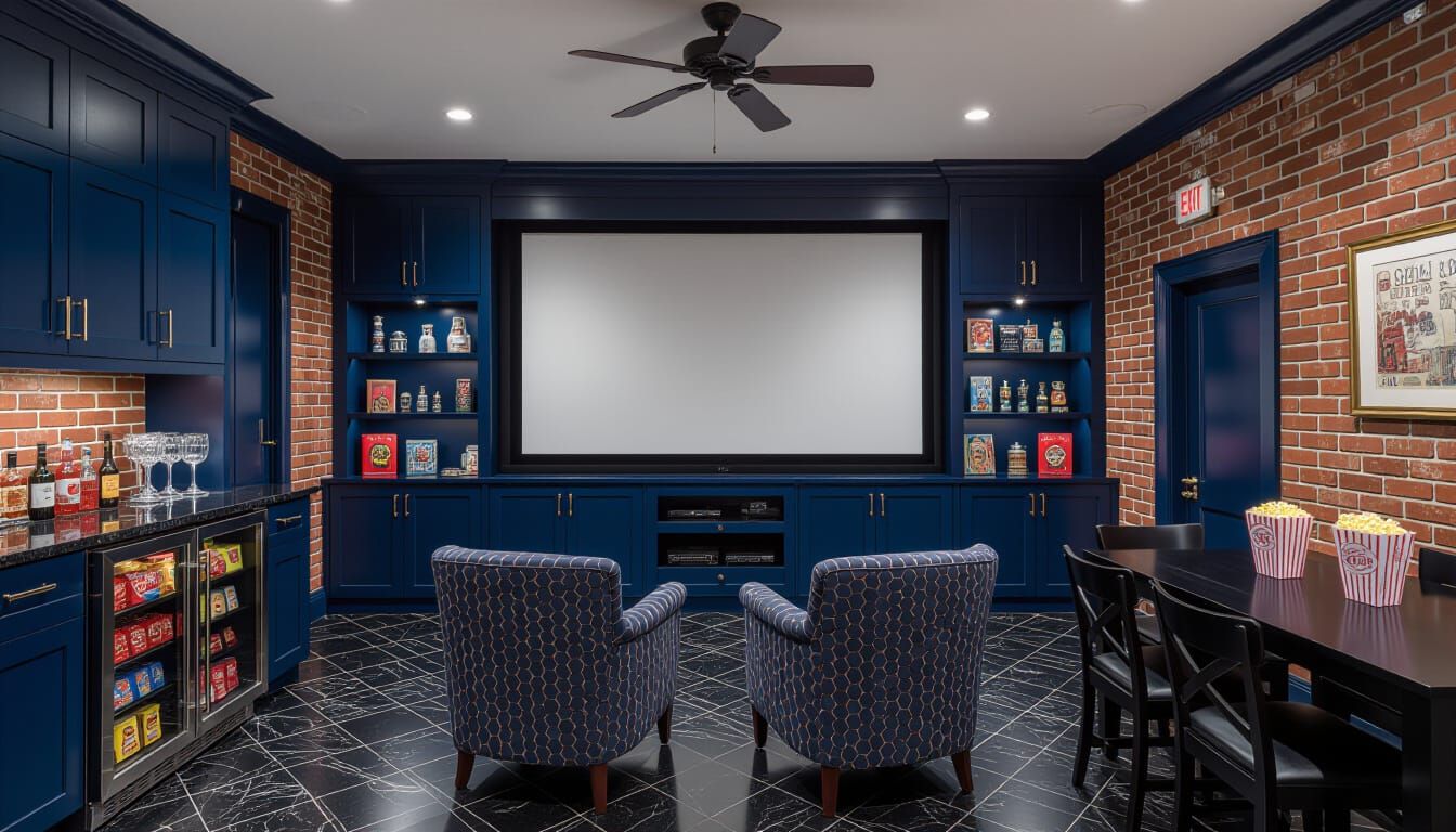 Victorian Movie Room with Dark Blue and Brick Accents