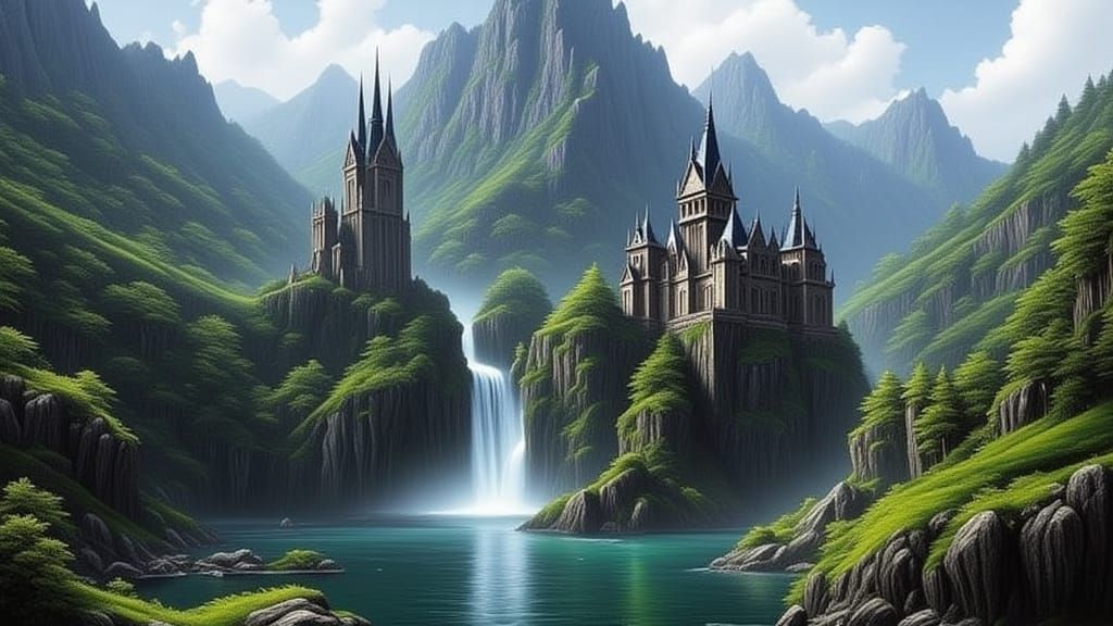 Surreal Fantasy Castle Amidst Majestic Mountains and Waterfa...