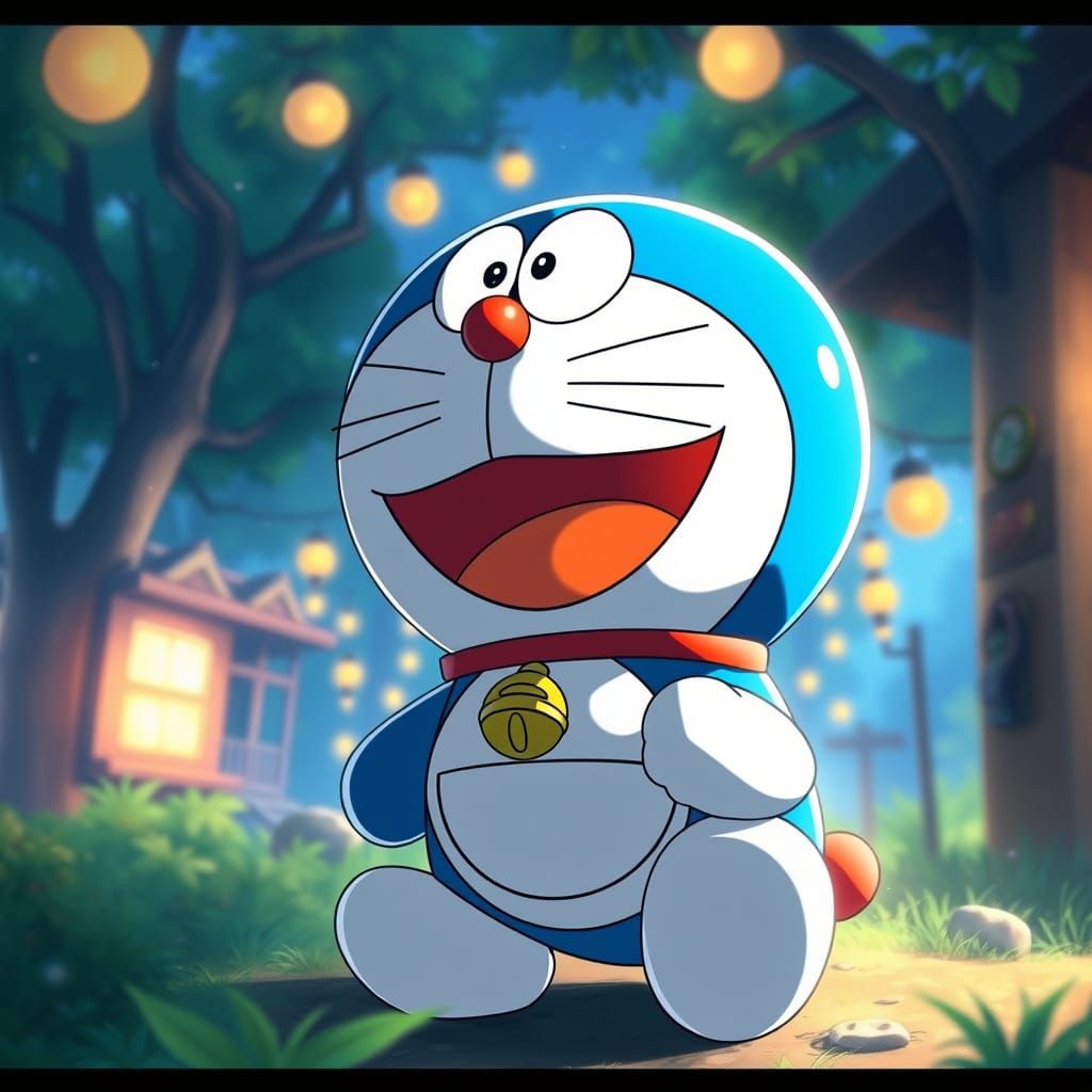 Doraemon Smiling: Anime Key Visual in Ghibli Style
