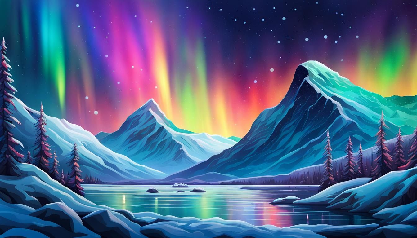 Northern Lights Reflect on Snowy Hills in Mosaic Style