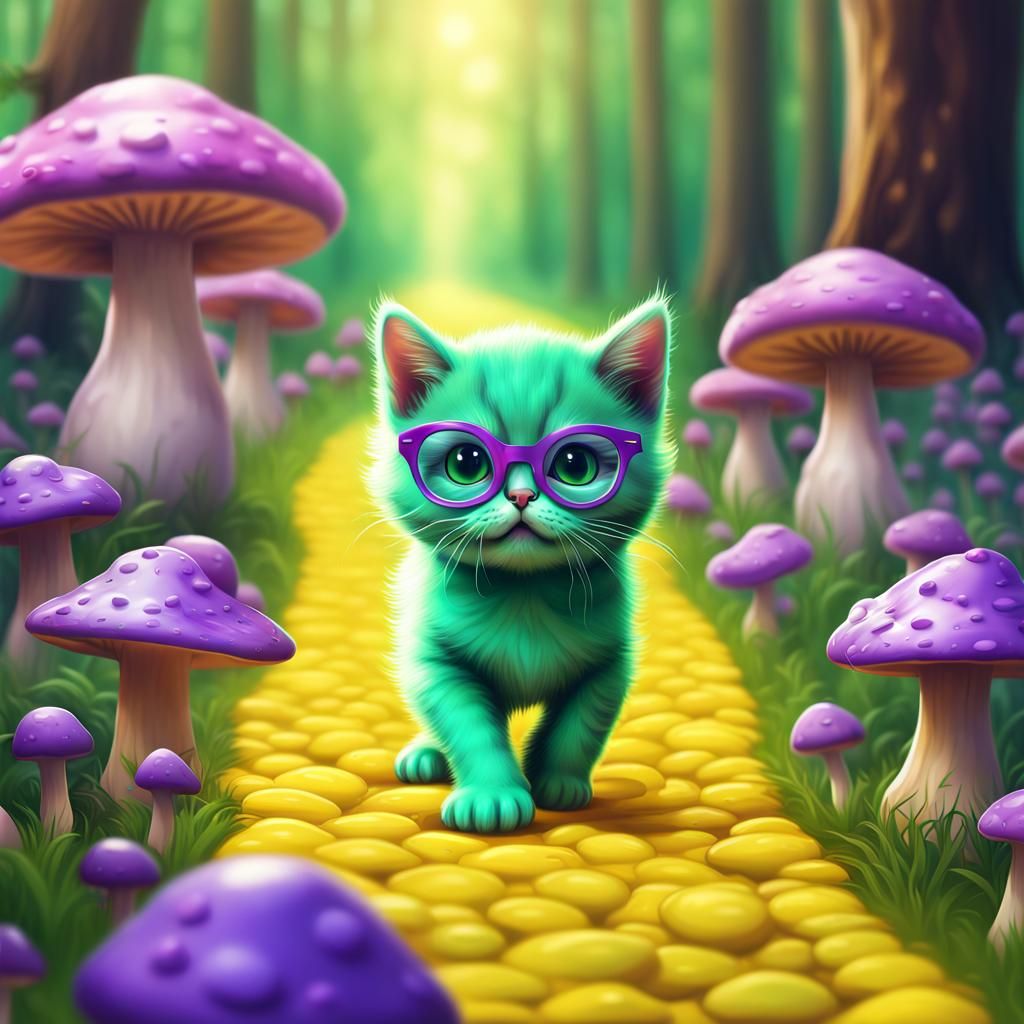 Green Kitten with Purple Glasses in Candyland Art