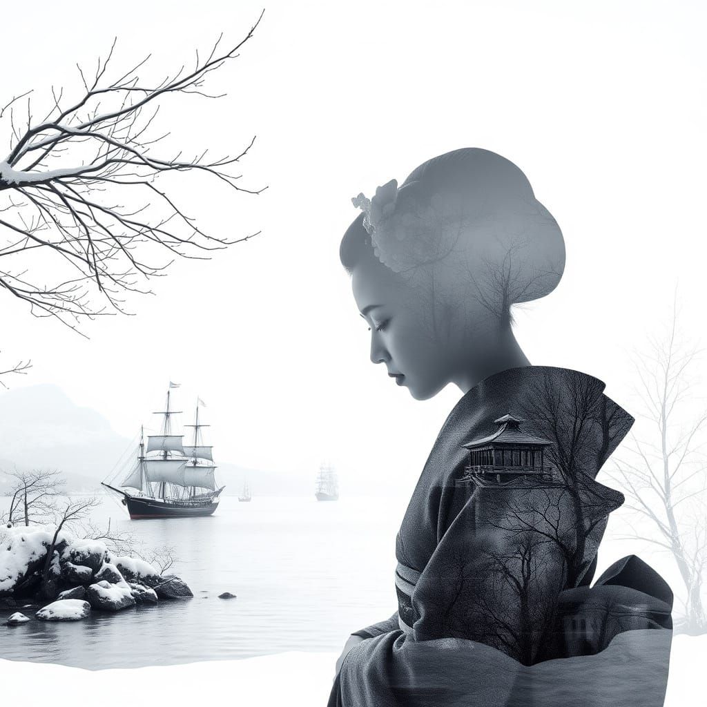 Haunting Geisha Portrait in Snowy Japanese Landscape