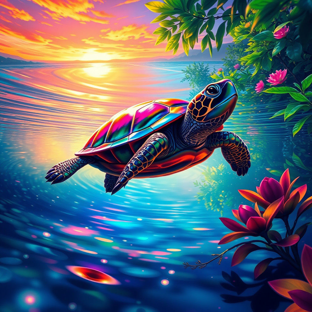 Radiant Turtle in Magical Lake: Street Art Style