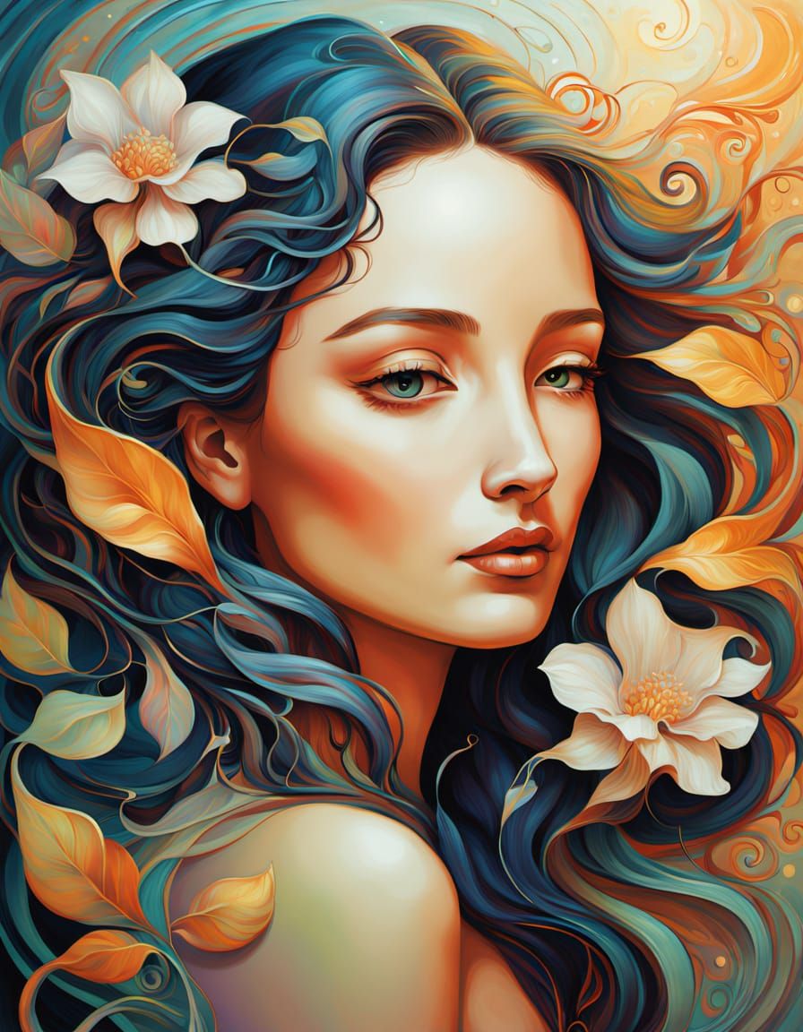 Romantic Art Nouveau Portrait with Whimsical Floral Accents