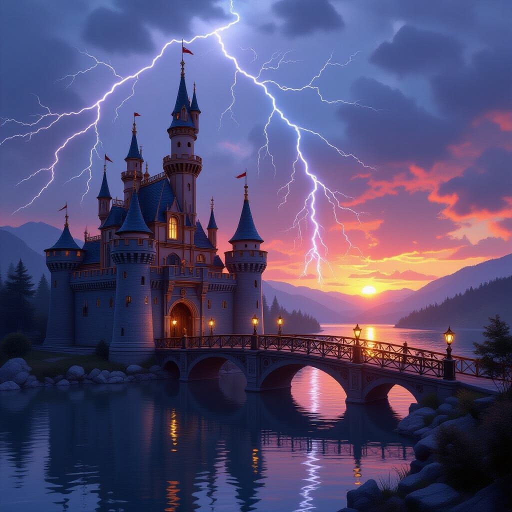 Steampunk Castle at Sunset Over Silent Lake