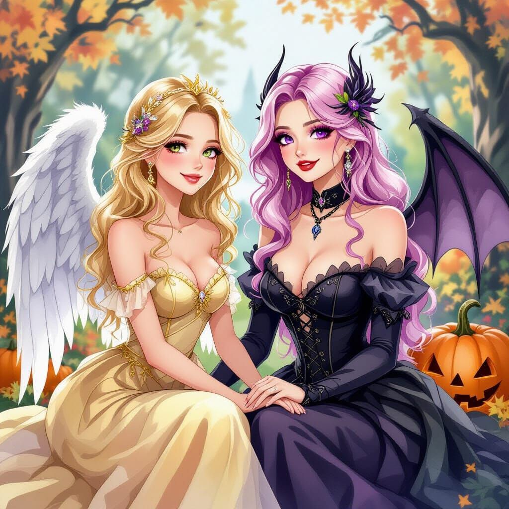 Angel and Woman in Halloween Garden Watercolor