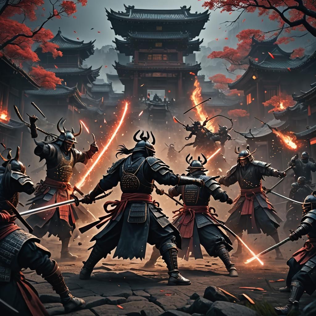 Epic Dark Samurai Fight in Detailed Matte Painting