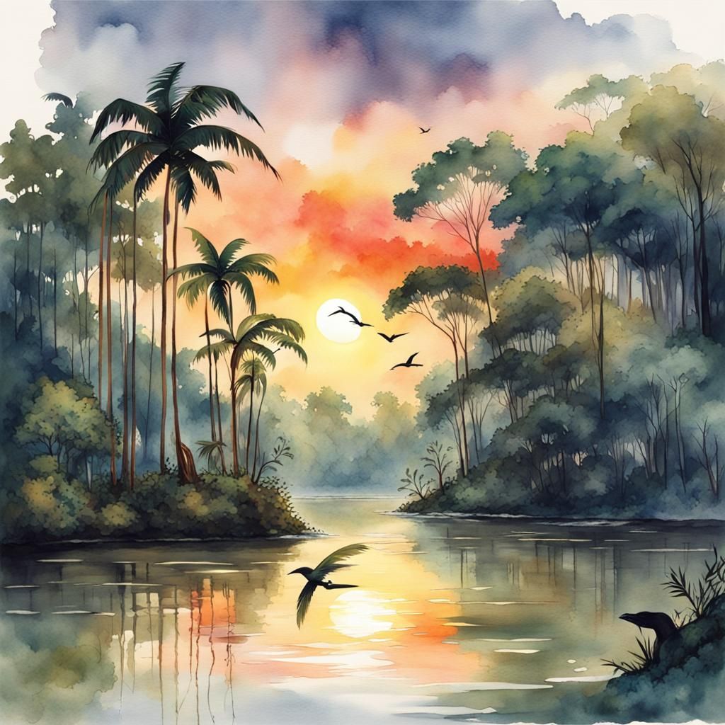 Amazon Sunset in Watercolor Anime Style