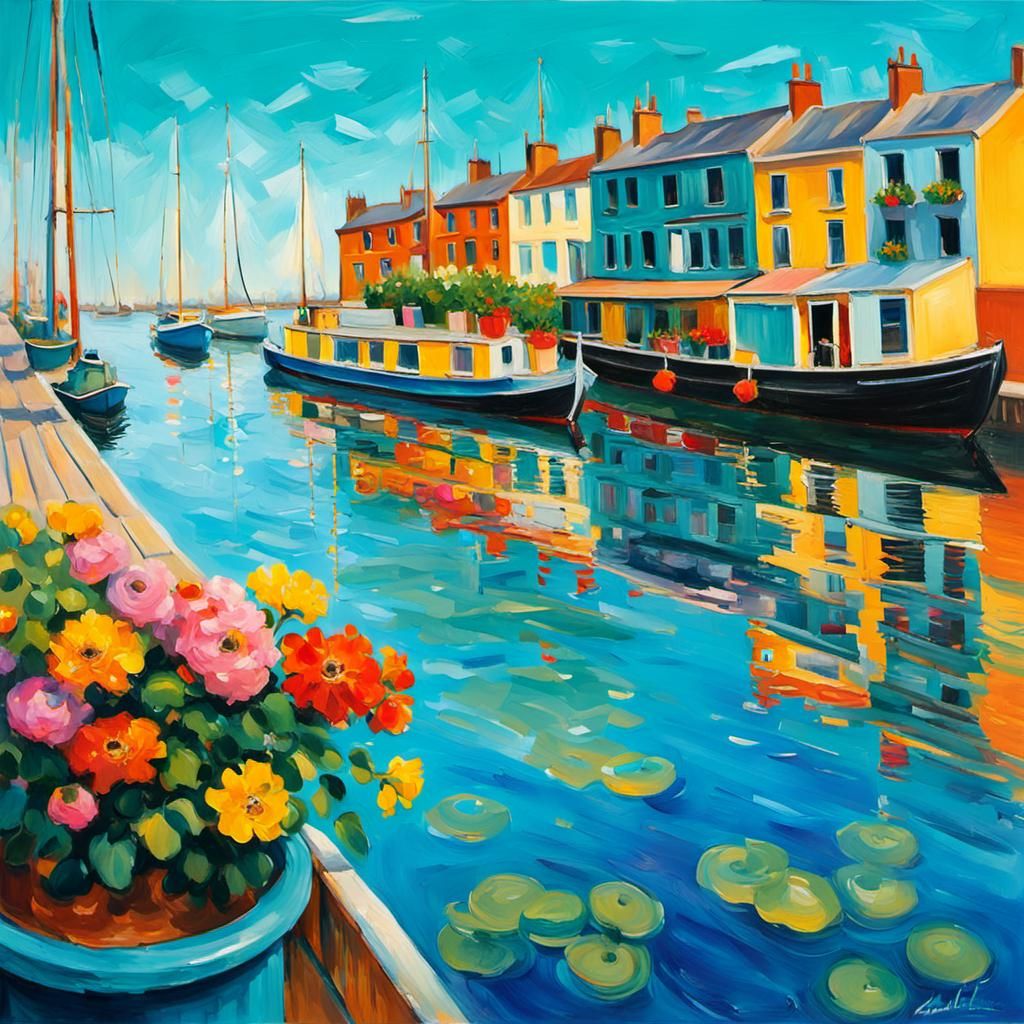 Impressionist Houseboat in Harbour with Flower Pots
