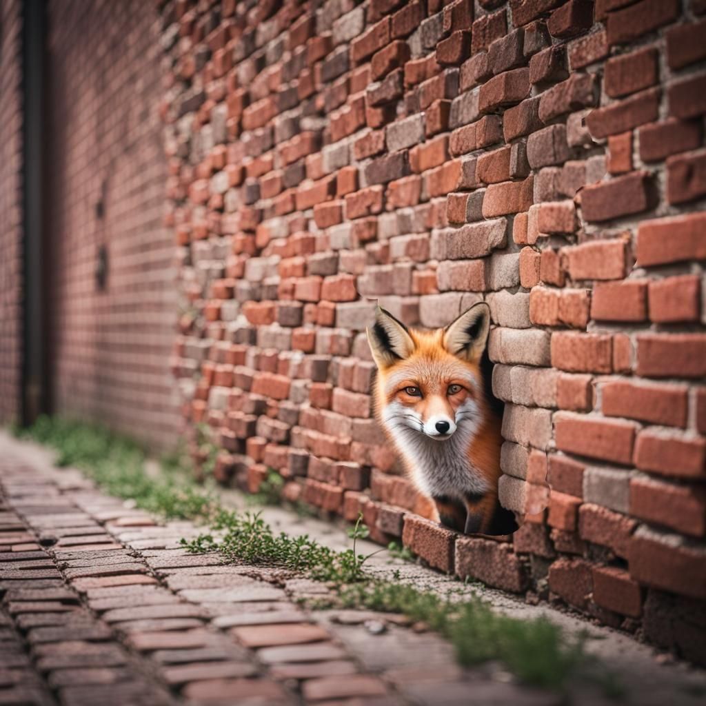 Chalk Art Fox Peeking from Crumbling Wall