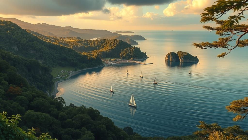 Hyperrealistic Bay with Sailboats and Lush Park