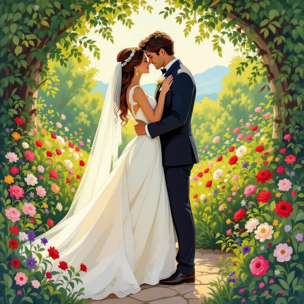 Romantic Wedding Embrace in Art Nouveau Style