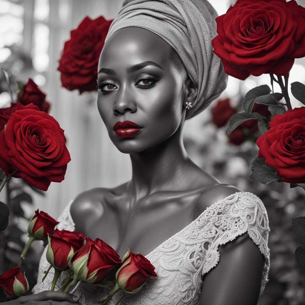 Beautiful Woman with Roses, Hyperrealistic Portrait