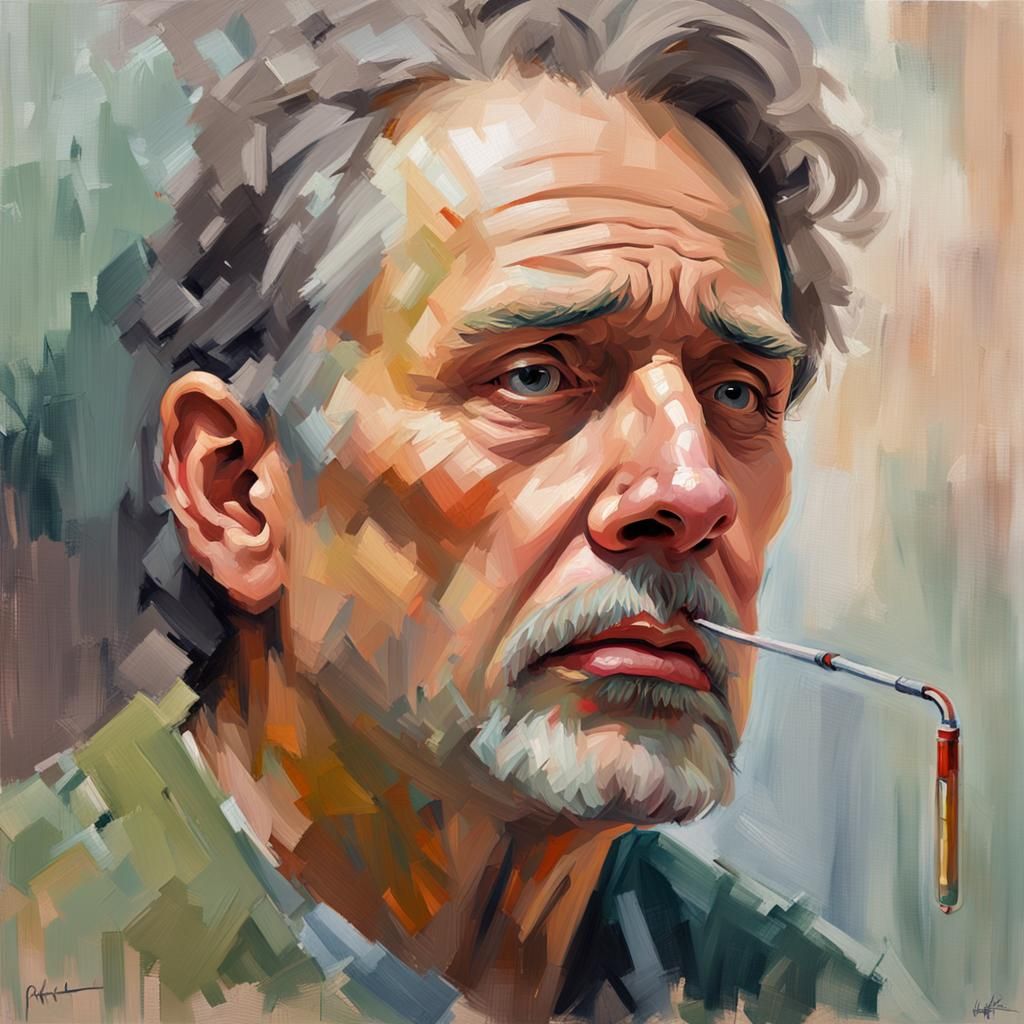 Anxious Impressionist Portrait with Thermometer