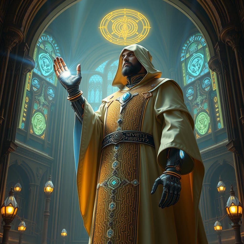 Tech Priest in Cyberpunk Gothic Temple