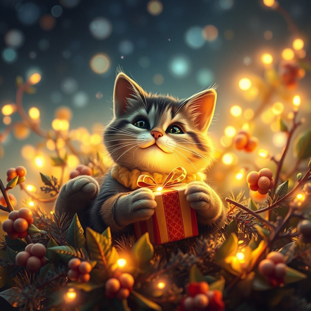 Whimsical Cat Surrounded by Sparkling Fairy Lights and Gift