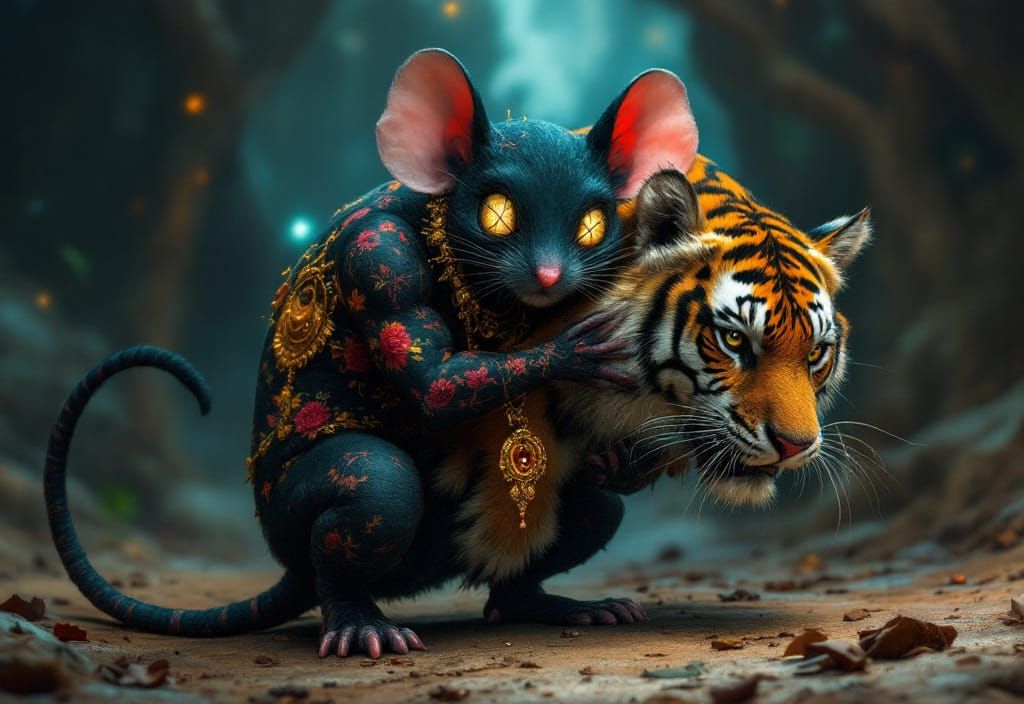 Muscular Fabric Mouse with Tiger in Cosmic Setting