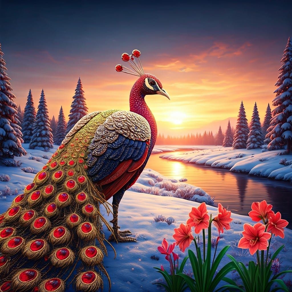 Majestic Jewel Peacock in Snowy Meadow with Setting Sun