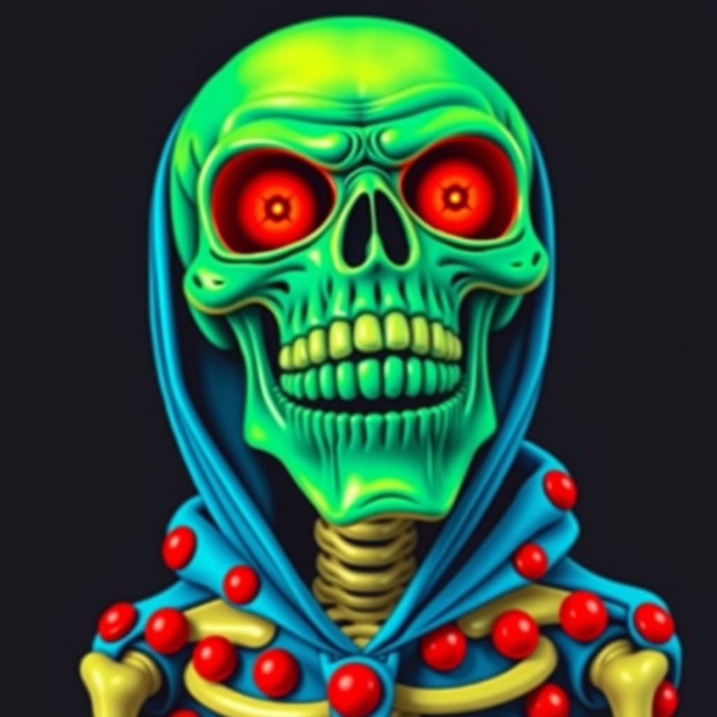 Vibrant Turquoise Skeleton with Glowing Red Eyes in Folk Art...