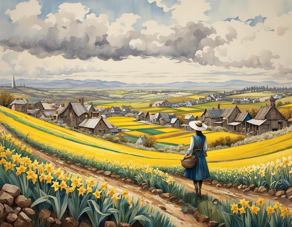 Daffodil Fields: Watercolor Panorama of Children Gathering F...