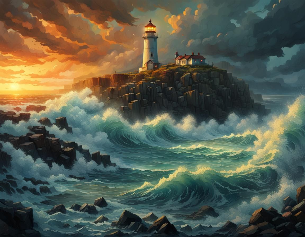 Stormy Sunset Lighthouse on Rocky Coastline