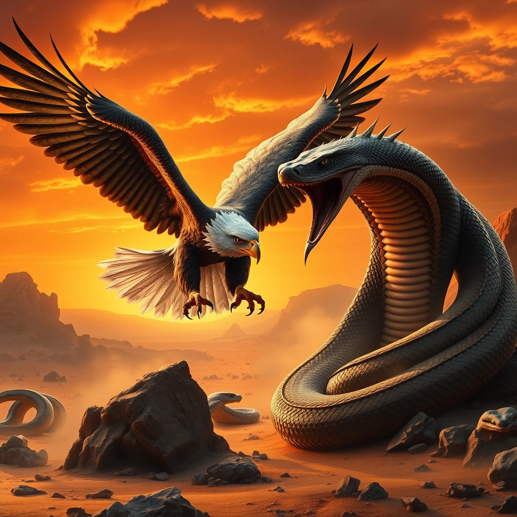 Eagle and Cobra Clash in Desert Sunset