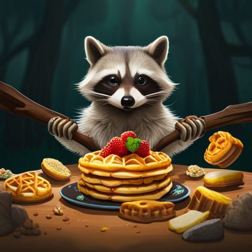 Cute Raccoon Eats Waffles: 8K Realism