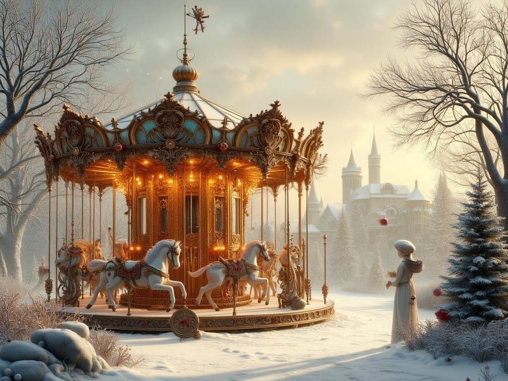 Romantic Winter Scene in Art Nouveau Style with Vintage Caro...