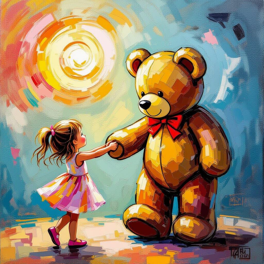 Girl and Teddy Bear Impasto Painting