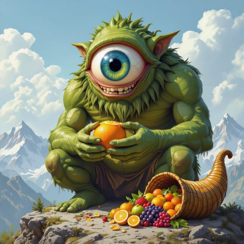 Giant Cyclops Enjoys Fruit on Mountaintop