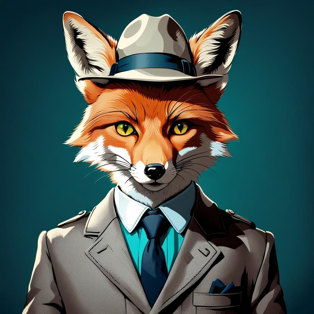 Anthropomorphic Fox Detective in Abstract Art Style