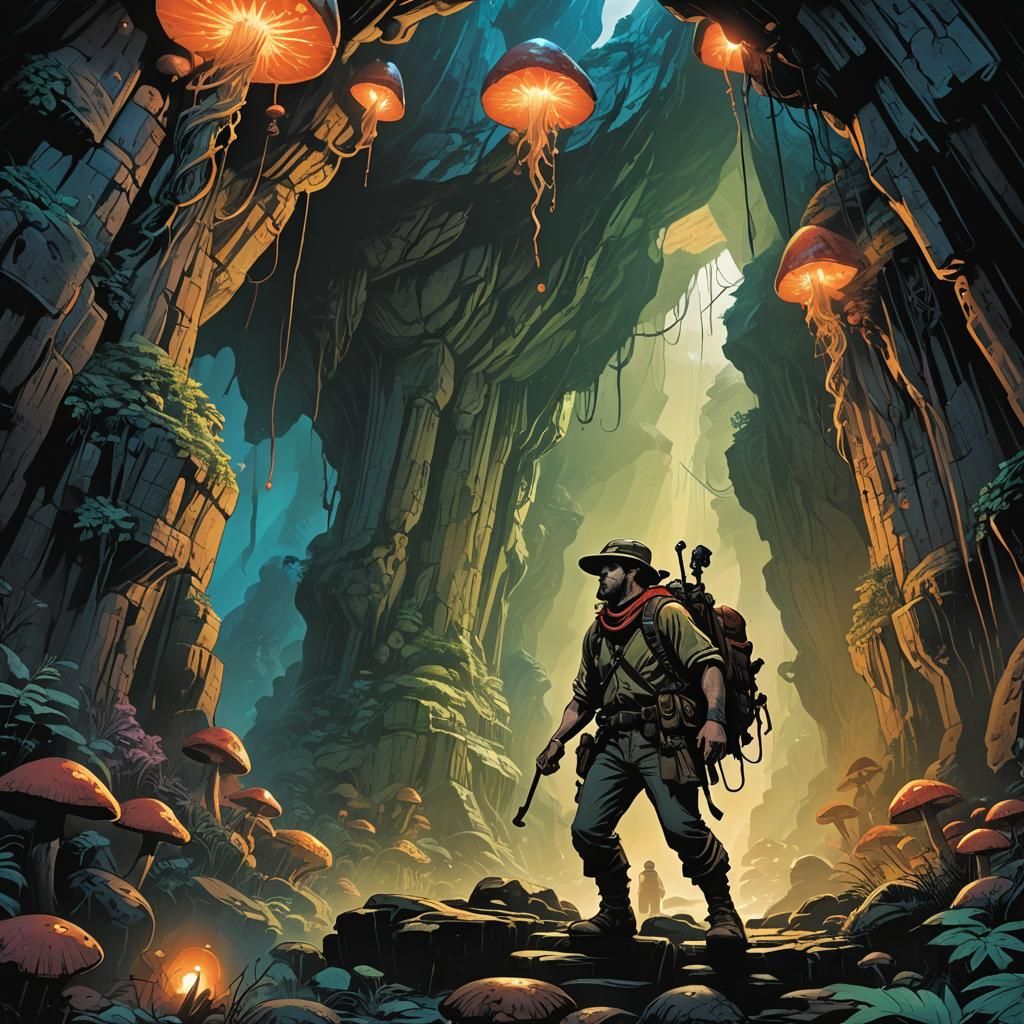 Adventurer at Mysterious Cave Entrance in Comic Book Style