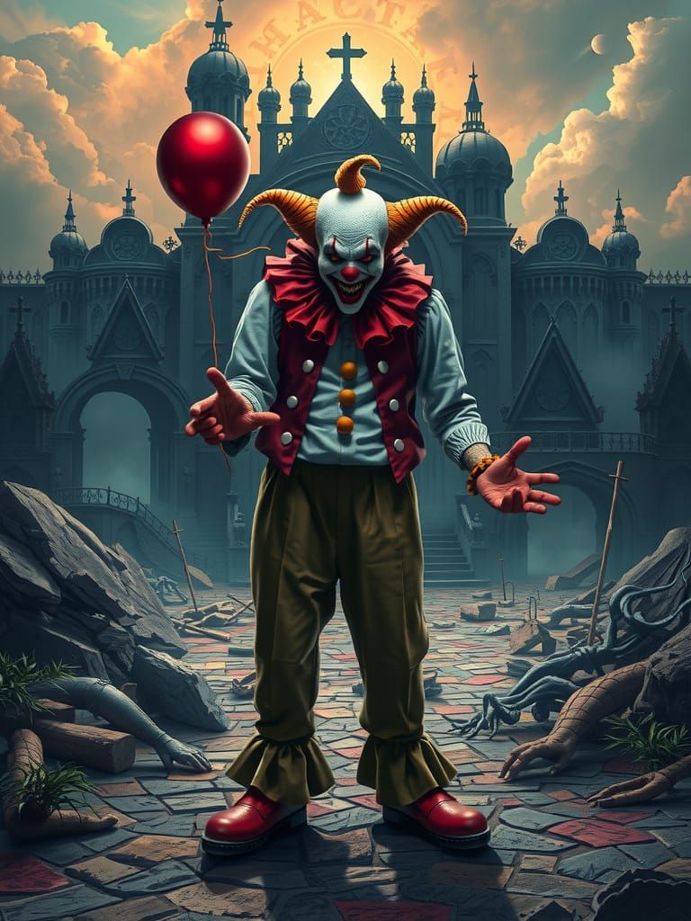Menacing Clown in Apocalyptic Landscape, Airbrushed Horror