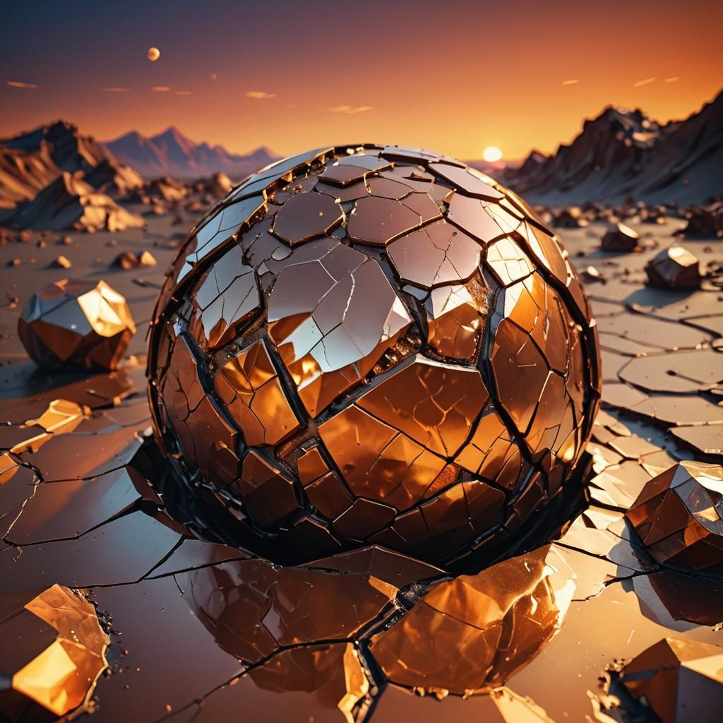 Bronze Planet Reflects Sunset in Low-Poly Style