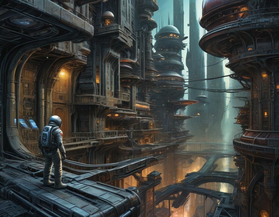 Astronaut and Alien Encounter in Sci-Fi City