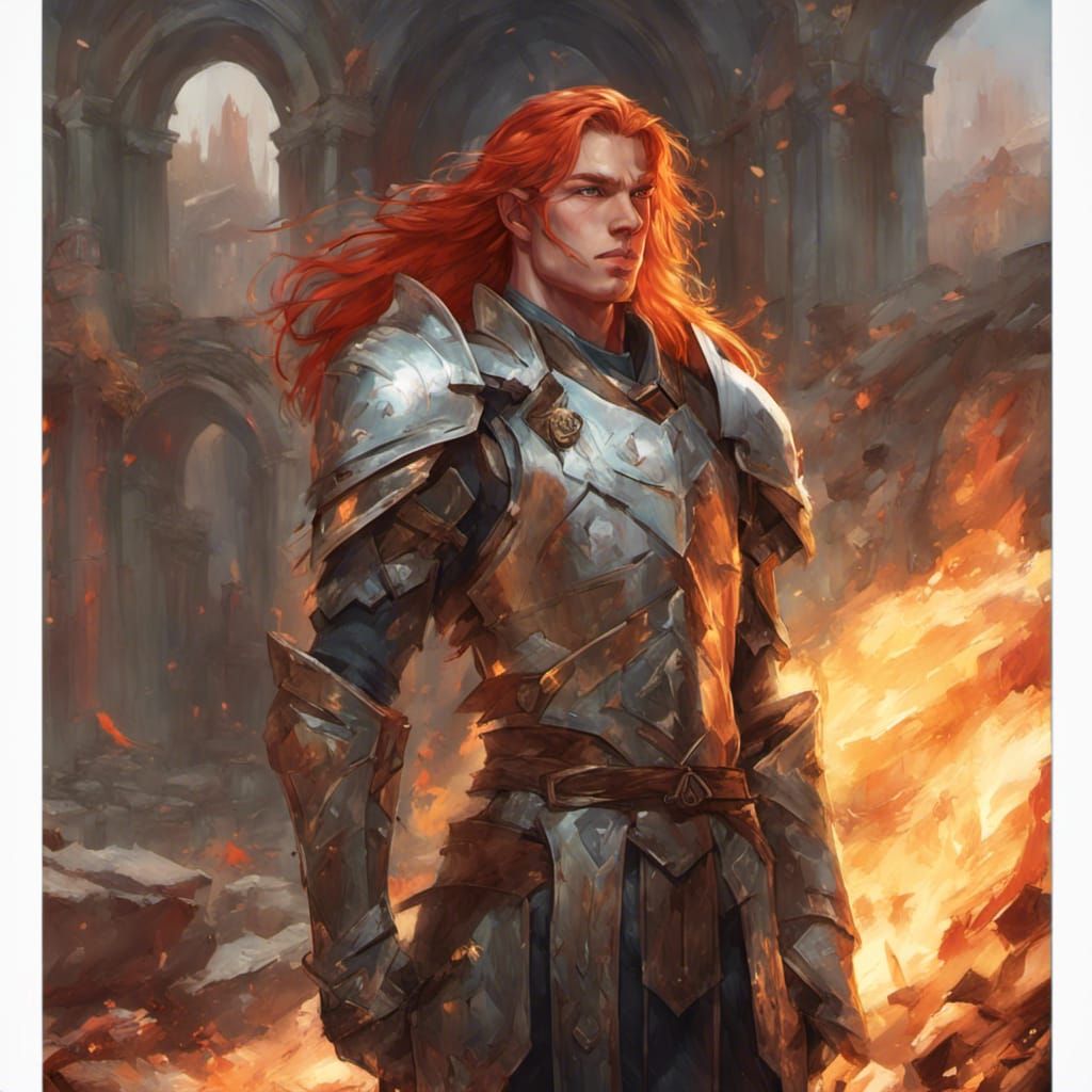 A male elf with long red hair standing by ruins on fire with a sword in his hand