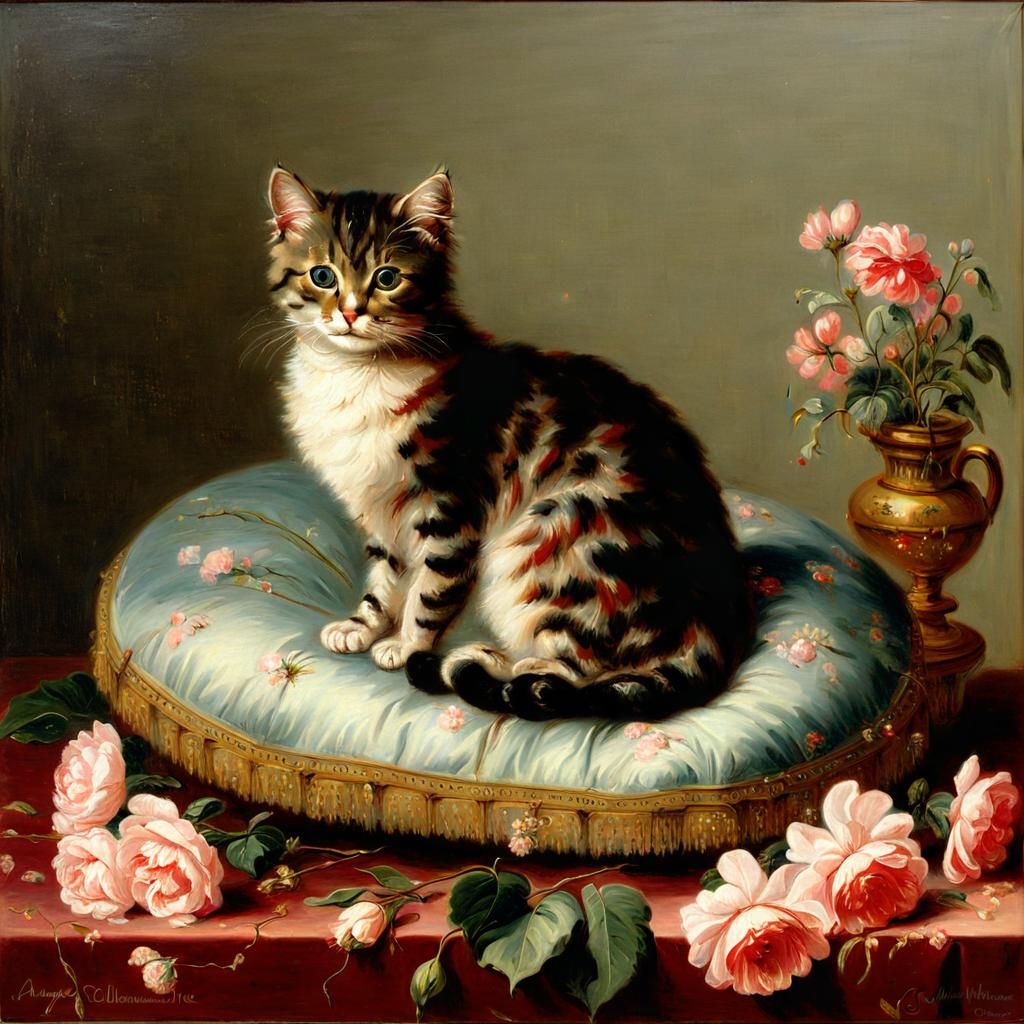 Cat on Pillow in Floral Setting: Academic Realism