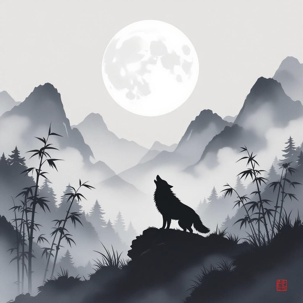 Wolf Howling at Moon in Sumi-e Style Landscape