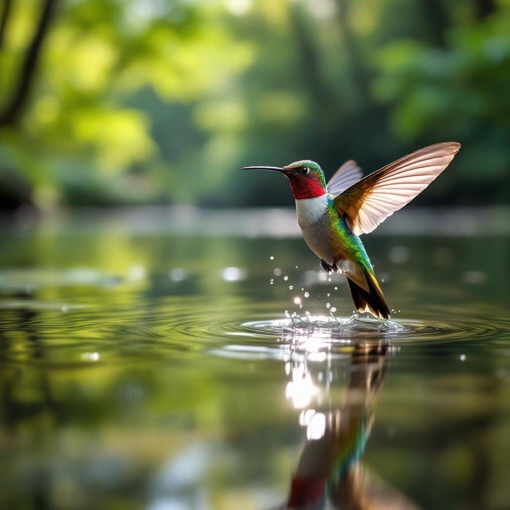 Hummingbird's Gentle Touch: A Lush Forest Scene