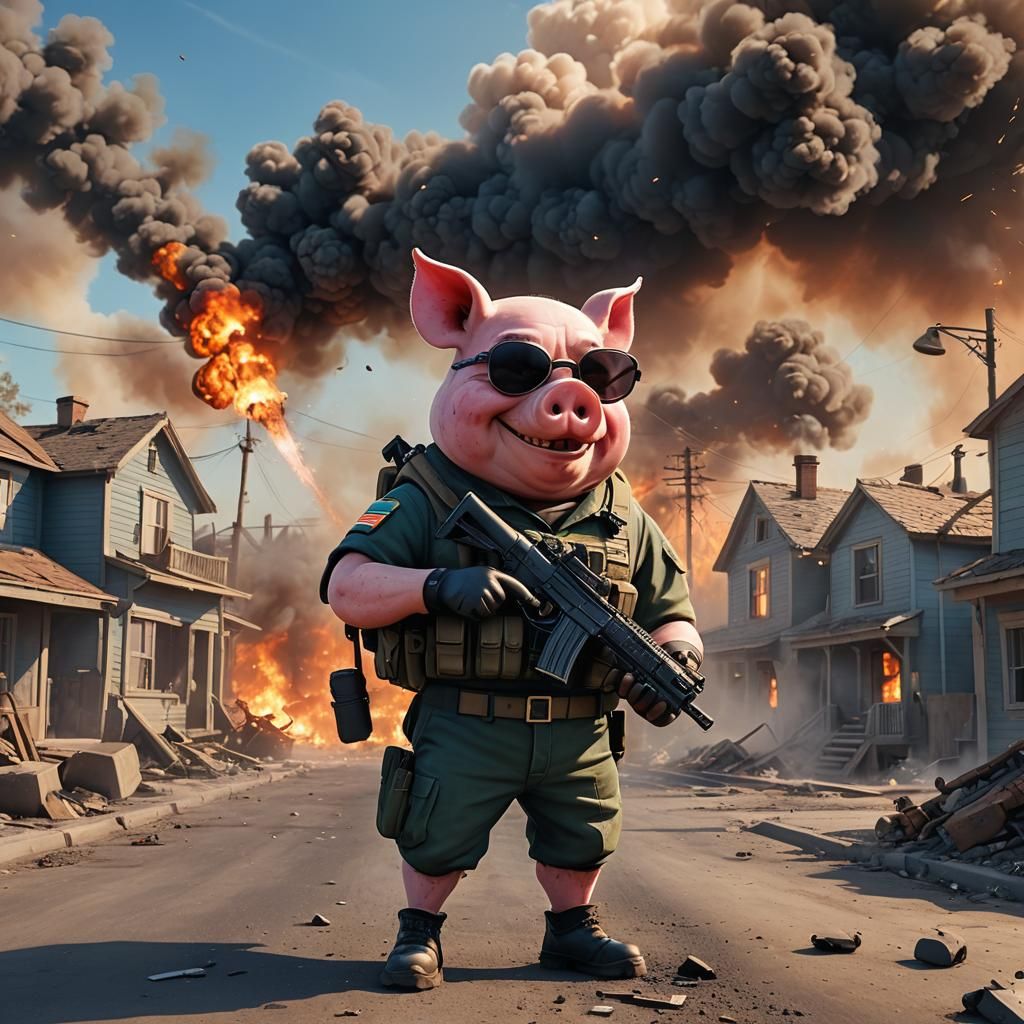 Evil Pig in Military Uniform with Machine Gun