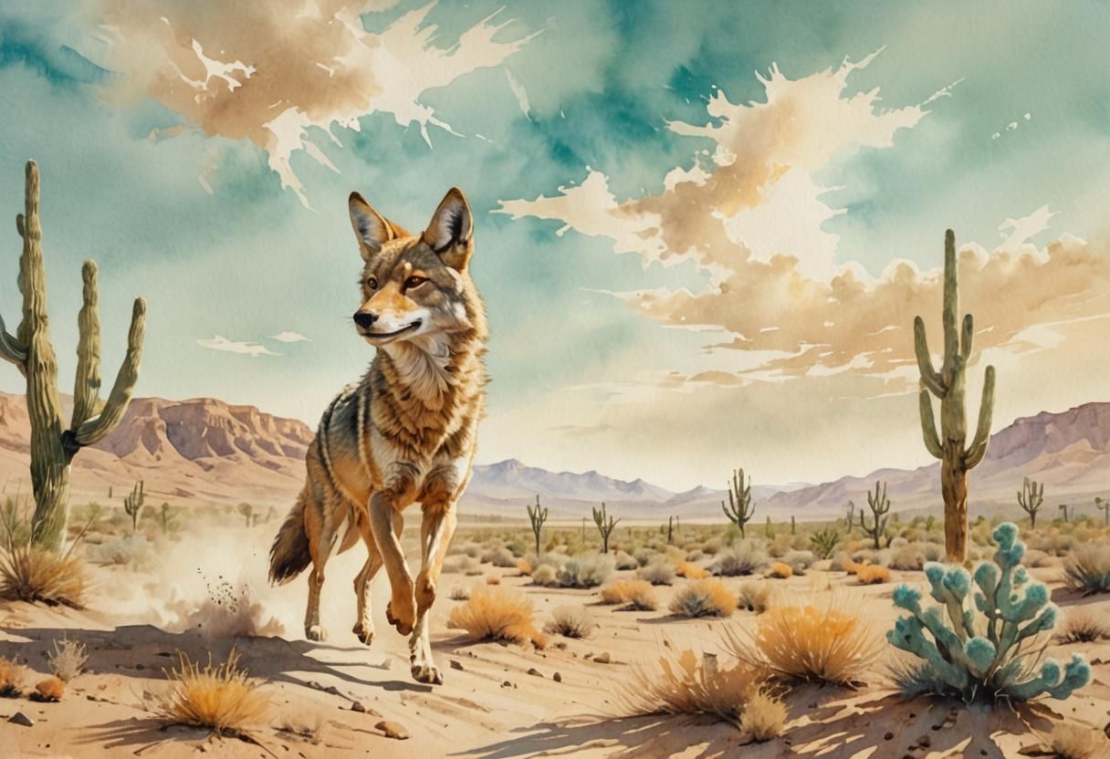 Coyote in Desert Landscape: Watercolor Painting