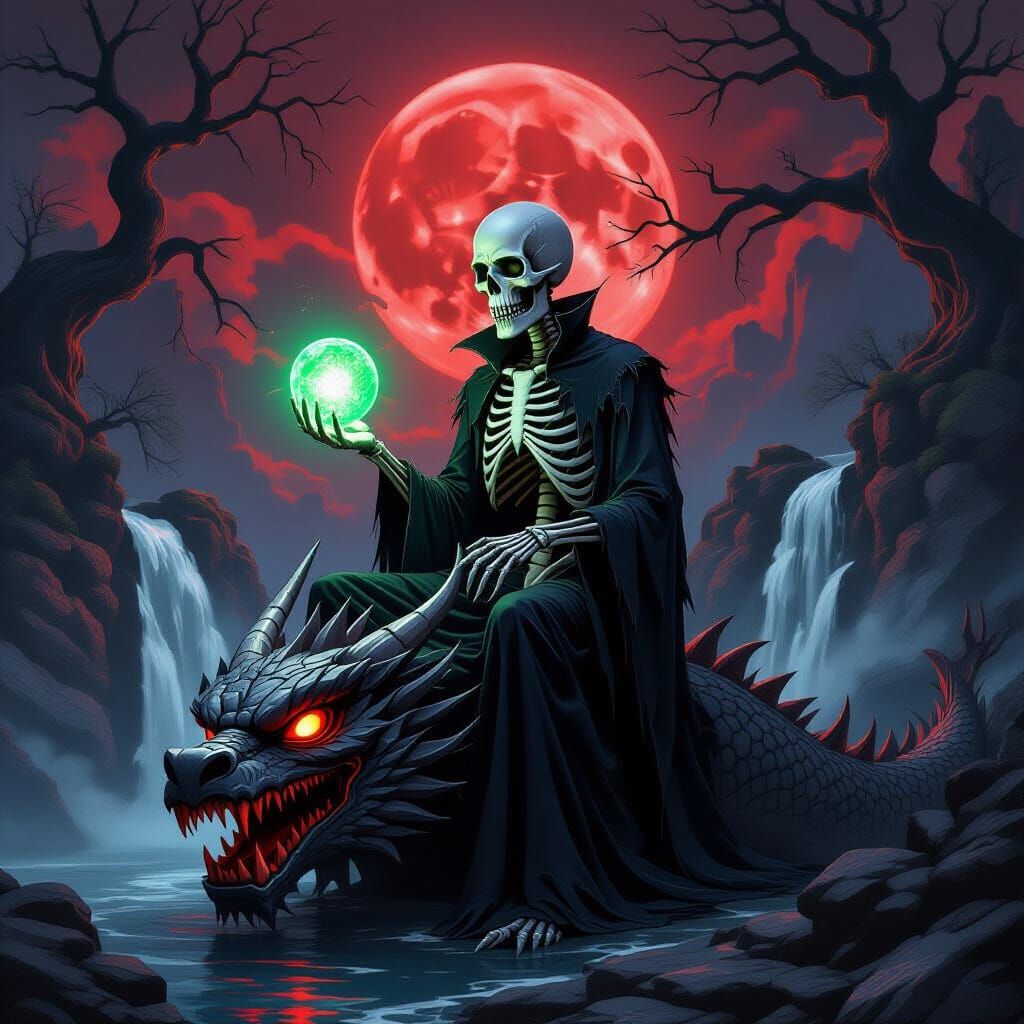 Skeletal Figure on Dragon Beneath Crimson Moon